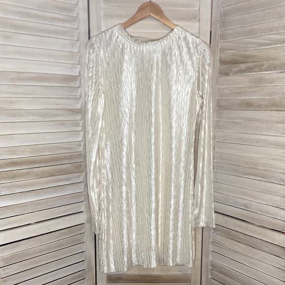 Anna Quan Crinkle Pleated Ivory Cream Long Sleeve Satin Shift Mini Dress 10 - Picture 4 of 8